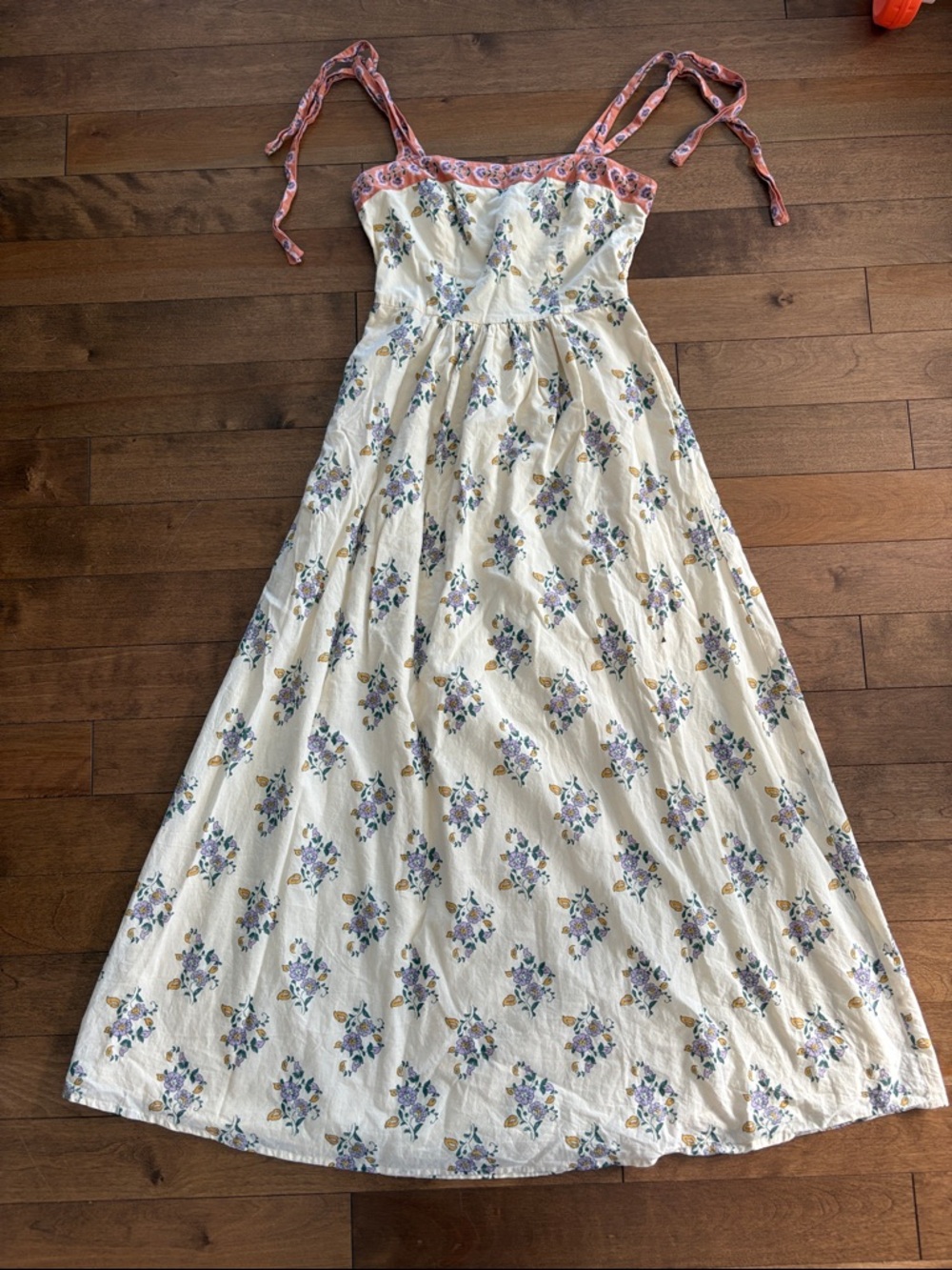 Floral Tie-Shoulder Sun Dress in Cream and Pink Cotton